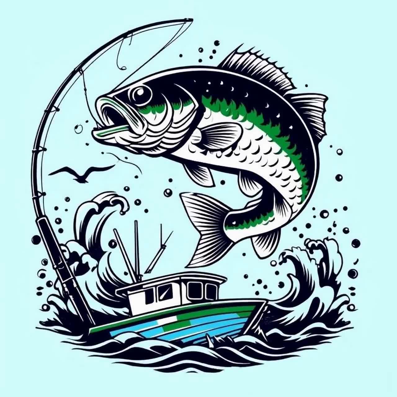 Bold Bass Leaping From Waves - Stylized Fish Illustration for
